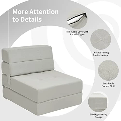 Casart Sofa Bed Tri-Fold Portable Sleeper Folding Memory Foam With Washable Cover Guest Chaise Lounge Padded Cushion Guest Sleeper Chair (Gray) 3 Casart Sofa Bed Tri-Fold Portable Sleeper Folding Memory Foam With Washable Cover Guest Chaise Lounge Padded Cushion Guest Sleeper Chair (Gray) - Image 3
