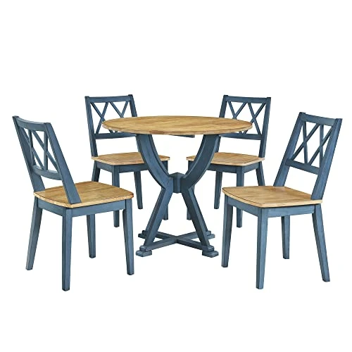 Merax Mid-Century 5 Piece Dining Table Set With Chairs For 4 People, Home Kitchen Wooden Furniture, Antique Oak+Antique Blue 3 Merax Mid-Century 5 Piece Dining Table Set With Chairs For 4 People, Home Kitchen Wooden Furniture, Antique Oak+Antique Blue - Image 3