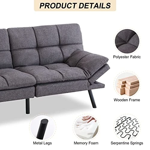 Opoiar Futon Sofa Bed Memory Foam Futon Couch Sleeper Sofa Convertible Fabric 71 Inch Futons Grey With Arm Rest, Metal Legs, Living Room Small & Compact Spaces, Easy Assembly 3 Opoiar Futon Sofa Bed Memory Foam Futon Couch Sleeper Sofa Convertible Fabric 71 Inch Futons Grey With Arm Rest, Metal Legs, Living Room Small & Compact Spaces, Easy Assembly - Image 3
