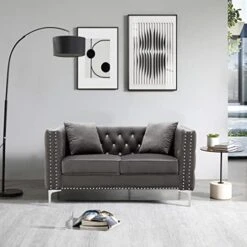 Fulocseny 2 Piece Modern Velvet Upholstered Living Room Set With 3-Seater Sofa And Loveseat, Jeweled Button Tufted Copper Nails Square Arms, 4 Pillows Included, Grey,5 Seater (Grey + Velvet) -Songmics Furniture Shop 41CgS63GmXL