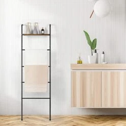 Blanket Ladder Wall Leaning Blanket Rack 5-Tier Farmhouse Ladder Shelf Decor Bath Towel Storage Shelf Rack For Bathroom Bedroom Laundry Room Living Room Metal Black+Rustic Brown -Songmics Furniture Shop 41D9LlyuEnL