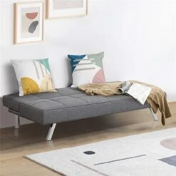 JAHH Convertible Futon Grey Linen Fabric Sofa Bed Adjustable Sleeper With Stainless Steel Legs