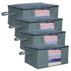 Wismart Large Capacity Zippered Clothes Storage Bags With Plastic Clear Window And Durable Handles Great For Seasonal Storage, Bedding, Blankets ,Foldable With Sturdy Zipper, 4 Pack, Green (Large, Green-4Pack)