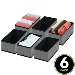 MDesign Soft Fabric Dresser Drawer And Closet Storage Organizer Bin For Bedroom - Holds Lingerie, Bras, Socks, Leggings, Clothes, Purses, Scarves, Lido Collection - 6 Pack - Charcoal Gray/Black