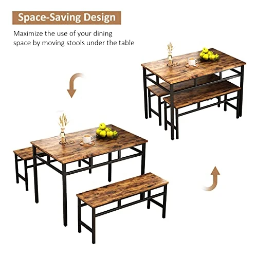 CALABASH Dining Room Table Set With 2 Benches, Industrial 3 Piece Dining Set For Home, Kitchen, Apartment And Small Space,Rustic Brown And Black Metal Frame 2 CALABASH Dining Room Table Set With 2 Benches, Industrial 3 Piece Dining Set For Home, Kitchen, Apartment And Small Space,Rustic Brown And Black Metal Frame - Image 2