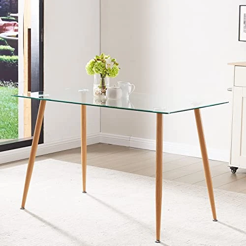 Glass Dining Table Rectangle - Glass Top Dining Room Table, Modern Clear Kitchen Table With Wooden Metal Leg, Rectangular Dining Table For 2 Or 4 For Small Spaces Apartment Kitchen Or Dining Room 1 Glass Dining Table Rectangle - Glass Top Dining Room Table, Modern Clear Kitchen Table With Wooden Metal Leg, Rectangular Dining Table For 2 Or 4 For Small Spaces Apartment Kitchen Or Dining Room
