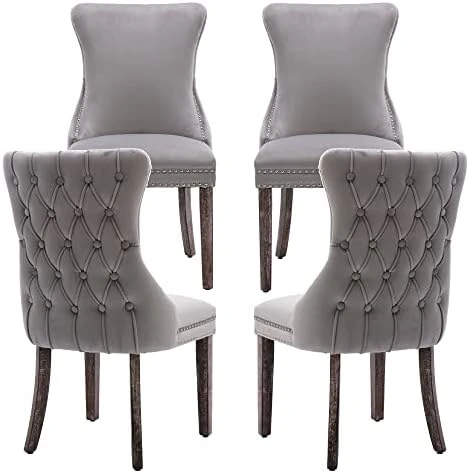 KCC Velvet Dining Chairs Set Of 4, Tufted Upholstered Wingback High-end Dining Kitchen Chair With Nailhead Solid Wood Legs, Contemporary Nikki Collection Modern Style, Beige 9 KCC Velvet Dining Chairs Set Of 4, Tufted Upholstered Wingback High-end Dining Kitchen Chair With Nailhead Solid Wood Legs, Contemporary Nikki Collection Modern Style, Beige - Image 9