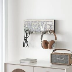 SHYFOY Mirrored Key Holder For Wall Decorative Love Letter Sign Plaque Key Hanger For Wall Decor, Glitter Key Rack Wall Hanger With 4 Crystal Hooks For Entryway Front Door Key Hanging