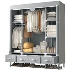 ASSICA Portable Clothes Closet Rolling Door Wardrobe With Hanging Rack Non-Woven Fabric Storage Organizer With Four Drawer Boxes No-Tool Assembly - 59.0 X 17.7 X 67.0 ‘’ (Gray)