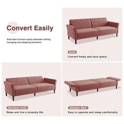 HONBAY Convertible Futon Bed Velvet Sleeper Sofa Tufted Couch Bed With Adjustable Armrests For Apartment, Pink -Songmics Furniture Shop 41DovueLT3L