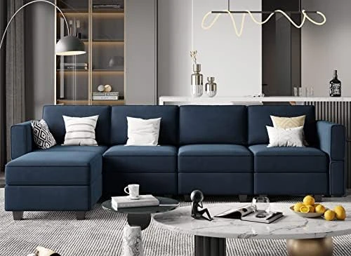 Belffin Modular Sectional Sofa Couch With Reversible Chaise Velvet L Shaped Couch Sofa With Storage 4-seat Convertible Sectional Sofa Blue 13 Belffin Modular Sectional Sofa Couch With Reversible Chaise Velvet L Shaped Couch Sofa With Storage 4-seat Convertible Sectional Sofa Blue - Image 13