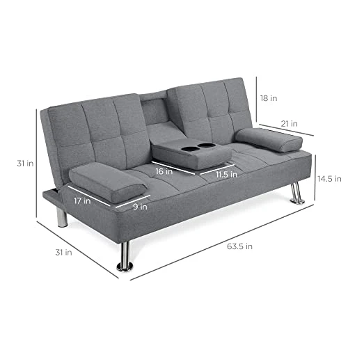 GENERIC Linen Upholstered Modern Convertible Folding Futon Sofa Bed For Compact Living Space, Apartment, Dorm, Bonus Room W/Removable Armrests, Metal Legs, 2 Cupholders - Gray 6 GENERIC Linen Upholstered Modern Convertible Folding Futon Sofa Bed For Compact Living Space, Apartment, Dorm, Bonus Room W/Removable Armrests, Metal Legs, 2 Cupholders - Gray - Image 6