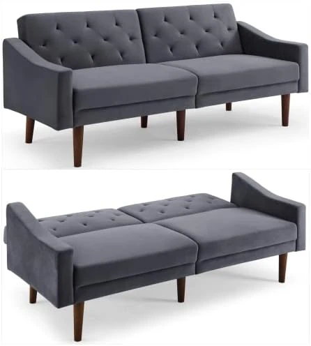 FREEHOMAE Futon Sofa Bed, Faux Leather Couch With Armrest And 2 Cup Holders, Sofa Bed Couch Convertible With Metal Legs, Folding, Reclining Small Couch Bed, Futon Bed For Living Room 5 FREEHOMAE Futon Sofa Bed, Faux Leather Couch With Armrest And 2 Cup Holders, Sofa Bed Couch Convertible With Metal Legs, Folding, Reclining Small Couch Bed, Futon Bed For Living Room - Image 5