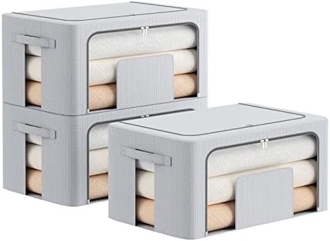 FAikhom 3 Pack Stackable Storage Bins- Foldable Metal Frame Storage Box Stackable Fabric Clothes Container Organizer With Clear Window & Carry Handles (22L, Black) 8 FAikhom 3 Pack Stackable Storage Bins- Foldable Metal Frame Storage Box Stackable Fabric Clothes Container Organizer With Clear Window & Carry Handles (22L, Black) - Image 8