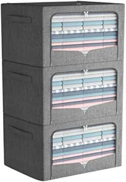 3 Pack Clothes Storage Bins - Foldable Metal Frame Storage Box - Stackable Linen Fabric Organizer Set With Carrying Handles And Clear Window (Beige, 19.7x15.7x12.6inch(66L)) -Songmics Furniture Shop 41E3DfTEtL. AC