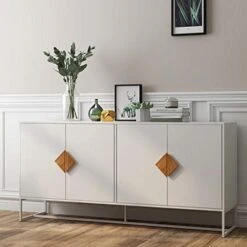 RASOO Kitchen Storage Cabinet Tall White Buffet Sideboard 3-Tiers Display Cabinet With 2 Doors， Metal Lges -Songmics Furniture Shop 41E6FhBUsnL. AC