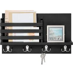 Dahey Wall Mounted Mail Holder Wooden Key Holder Rack Mail Sorter Organizer With 4 Double Key Hooks And A Floating Shelf Rustic Home Decor For Entryway Or Mudroom,15.7" W X9.3 Hx3.2 D, Black