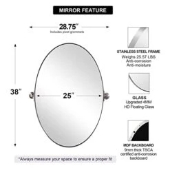 ANDY STAR Brushed Nickel Mirror, Oval Pivot Bathroom Mirror, Brushed Nickel Oval Pivot Mirror Bathroom Stainless Steel Metal Frame Tilting Vanity Wall Mirror Hangs Vertical -Songmics Furniture Shop 41EAskP07BL