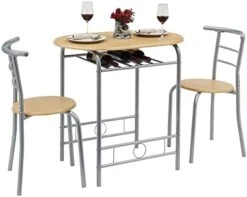 VECELO 3-Piece Bar Table Set, Round Tabletop & Chair For Kitchen Dining Room Breakfast, Built-in Wine Rack, Space Saving[X-Large], 33.46" Length X 23.6" Width, Black And Natural -Songmics Furniture Shop 41ECjaogWL. AC