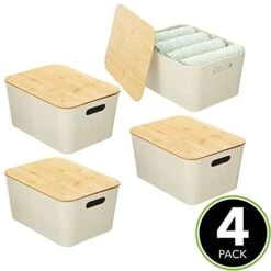 MDesign Modern Fabric Covered Basket With Lid - Stacking Decorative Storage Bin Box With Bamboo Cover For Closet, Living Room, Kitchen, Office Shelf - Holders For Clothing/Accessories, 4 Pack, Cream
