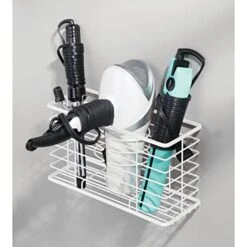 MDesign Steel Wall Mount Hair Dryer Storage Organizer - Hair Styling Tool Basket For Bathroom And Bedroom - Holds Hair Dryer, Flat Iron, Curling Wand, Hair Straightener - Linelle Collection - White 13 MDesign Steel Wall Mount Hair Dryer Storage Organizer - Hair Styling Tool Basket For Bathroom And Bedroom - Holds Hair Dryer, Flat Iron, Curling Wand, Hair Straightener - Linelle Collection - White -Songmics Furniture Shop 41EJbtJgydL