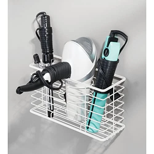 MDesign Steel Wall Mount Hair Dryer Storage Organizer - Hair Styling Tool Basket For Bathroom And Bedroom - Holds Hair Dryer, Flat Iron, Curling Wand, Hair Straightener - Linelle Collection - White 3 MDesign Steel Wall Mount Hair Dryer Storage Organizer - Hair Styling Tool Basket For Bathroom And Bedroom - Holds Hair Dryer, Flat Iron, Curling Wand, Hair Straightener - Linelle Collection - White - Image 3