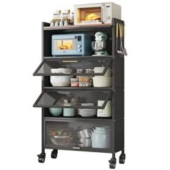 GILLAS 5 Tier Kitchen Baker's Rack, Heavy Duty Free Standing Baker's Rack For Kitchen Storage With Wheels, Utility Storage Shelf Island Coffee Bar Station, Black