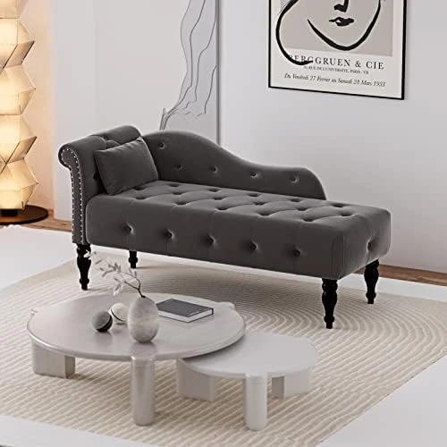 WIILAYOK Chaise Lounge Indoor With Pillow, Velvet Lounge Chair With Buttons Nailhead Trim And Solid Wood Legs, Recliner Lounge Chair For Living Room Bedroom (Grey) 6 WIILAYOK Chaise Lounge Indoor With Pillow, Velvet Lounge Chair With Buttons Nailhead Trim And Solid Wood Legs, Recliner Lounge Chair For Living Room Bedroom (Grey) - Image 6