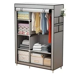 ACCSTORE Canvas Wardrobe Portable Wardrobe Clothes Storage With 6 Shelves And Hanging Rail,Grey