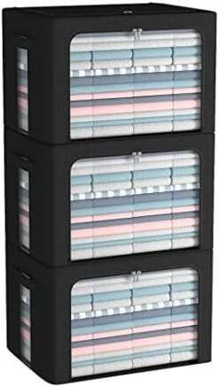 3Pack Frame Storage Box - Clothes Storage Bin Bags Oxford Fabric Foldable Stackable Container Organizer Set With Clear Window & Carry Handles Large Capacity (Grey, Large-66L) -Songmics Furniture Shop 41EvBx501hL. AC