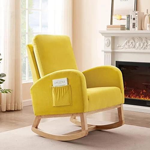 Setawix Rocking Chair For Nursery, Midcentury Modern Accent Rocker Armchair With Side Pocket, Upholstered High Back Wooden Rocking Chair For Living Room Baby Room Bedroom (Yellow - Velvet) 15 Setawix Rocking Chair For Nursery, Midcentury Modern Accent Rocker Armchair With Side Pocket, Upholstered High Back Wooden Rocking Chair For Living Room Baby Room Bedroom (Yellow - Velvet) - Image 15