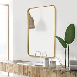HOWOFURN 24’’x36’’ Bathroom Mirror, Gold Mirrors For Wall, Rectangular Wall Mount Mirror For Bathroom, Metal Gold Frame, Gourd Hooks, Vertical & Horizontal Hung For Bedroom, Bathroom, Living Room