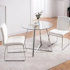 5 Pieces Dining Table And Chairs Set - Modern Round Dining Room Table With 4 Leather Chairs - Tempered Glass Table Top And Chrome Legs Kitchen Table Set For Small Space - White -Songmics Furniture Shop 41F5qMOONL. AC