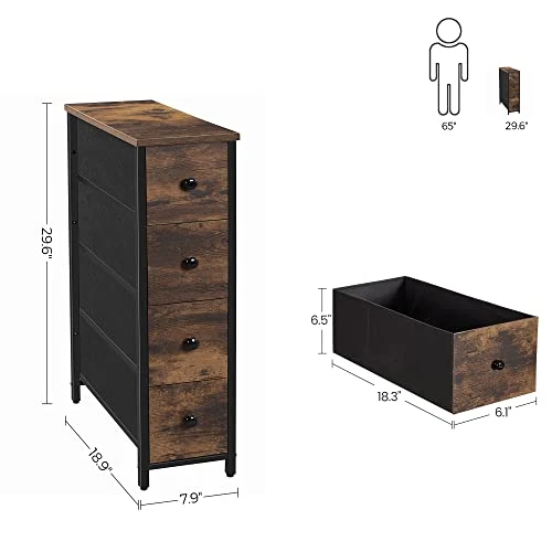 SONGMICS Narrow Dresser, Vertical Storage Unit With 4 Fabric Drawers, For Small Spaces And Gaps, Metal Frame, Slim Storage Tower, For Living Room, Laundry, Closet, Rustic Brown And Black ULGS041B01 3 SONGMICS Narrow Dresser, Vertical Storage Unit With 4 Fabric Drawers, For Small Spaces And Gaps, Metal Frame, Slim Storage Tower, For Living Room, Laundry, Closet, Rustic Brown And Black ULGS041B01 - Image 3