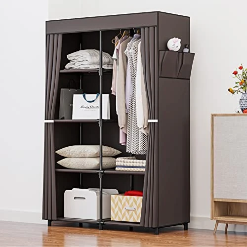 INGIORDAR Portable Closet Wardrobe Organizer Storage With Cover Non-Woben Fabric Portable Wardrobe Closet For Hanging Clothes Racks Shelving 34 Inch For Bedroom, Coffee 2 INGIORDAR Portable Closet Wardrobe Organizer Storage With Cover Non-Woben Fabric Portable Wardrobe Closet For Hanging Clothes Racks Shelving 34 Inch For Bedroom, Coffee - Image 2