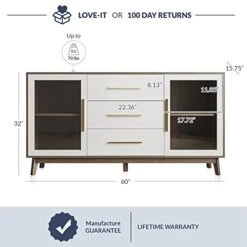 BELLEZE Sideboard Buffet Cabinet With 3 Drawers & 2 Doors, Console Table For Kitchen Glass Storage Cabinet Coffee Bar Accent Cabinet For Living Room Dining Room Hallway, White