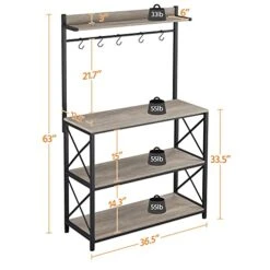 Topeakmart Industrial Kitchen Baker's Rack For Home With Open Storage Shelves, Metal Frame Microwave Oven Stand Shelf Coffee Station With 5 S Hooks, X Designed Floor Standing Spice Rack, Gray -Songmics Furniture Shop 41FJO28KCxL