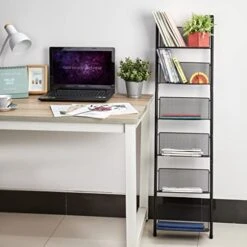 Yinghua Foldable Metal Mesh Wall Hanging Organizer 6-Bookshelf Open Wall Mount Bookshelf Modern Ladder Shelves Industrial Metal Frame, For Home Office, Living Room, Bedroom, Entryway And Hallway Black