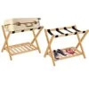 Folding Luggage Rack For Guest Room Pack Of 2 Foldable Luggage Racks For Suitcase Stand With Nylon Straps,Luggage Stand Double Tiers Bamboo Luggage Holder With Shelf For Bedroom,Hotel,No Assembly Required