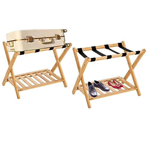 Folding Luggage Rack For Guest Room Pack Of 2 Foldable Luggage Racks For Suitcase Stand With Nylon Straps,Luggage Stand Double Tiers Bamboo Luggage Holder With Shelf For Bedroom,Hotel,No Assembly Required 1 Folding Luggage Rack For Guest Room Pack Of 2 Foldable Luggage Racks For Suitcase Stand With Nylon Straps,Luggage Stand Double Tiers Bamboo Luggage Holder With Shelf For Bedroom,Hotel,No Assembly Required