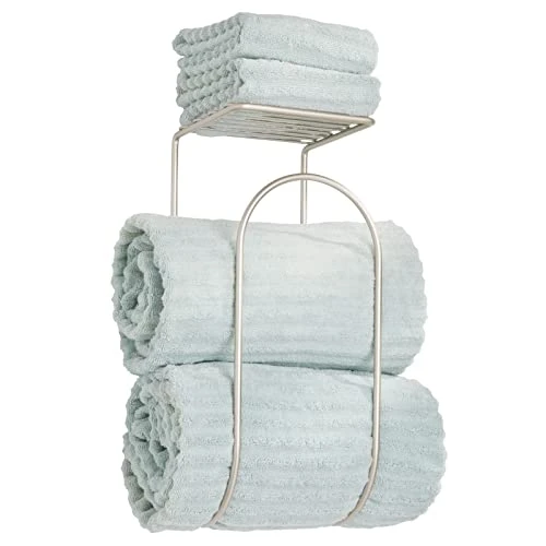 MDesign Modern Metal Wire Wall Mount Towel Rack Holder And Organizer With Storage Shelf - For Bathroom Towels, Washcloths, Hand Towels - Decorative Curved Design - Satin 1 MDesign Modern Metal Wire Wall Mount Towel Rack Holder And Organizer With Storage Shelf - For Bathroom Towels, Washcloths, Hand Towels - Decorative Curved Design - Satin