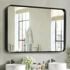NicBex 42x32 Inch Bathroom Vanity Mirror, Alloy Frame Wall Mirror For Bathroom Vanity, Bedroom, Hallway And Home Deco, Modern And Farmhouse Room Makeover Mirror, Round Corners, Black