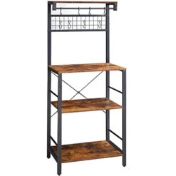 VIMBER Baker's Rack, Microwave Stand, Coffee Bar, 4-Tier Kitchen Storage Rack With 8 Hooks And Metal Frame, And Shelves, For Spices, Pots, And Pans, Rustic Brown And Black UCSJ002V1