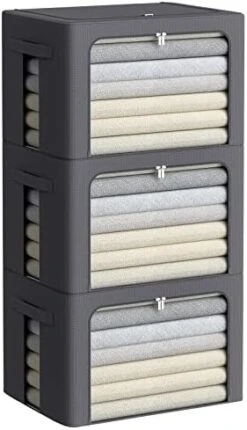 3Pack Frame Storage Box - Clothes Storage Bin Bags Oxford Fabric Foldable Stackable Container Organizer Set With Clear Window & Carry Handles Large Capacity (Grey, Large-66L) -Songmics Furniture Shop 41FzRgIWhKL. AC