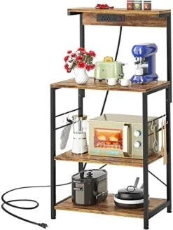 Topfurny Baker‘s Rack With Power Outlet, Microwave Stand Kitchen Storage Shelf, Kitchen Organizer Rack With 5 Hooks, Industrial Coffee Bar Table For Kitchens With Storage, Black -Songmics Furniture Shop 41G5YlBXn5L. AC