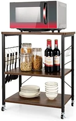 Giantex Kitchen Baker’s Rack 3-Tier Microwave Cart On Wheels, Industrial Utility Bar Cart With 10 Hooks Metal Frame Wood Storage Shelves, Rolling Microwave Stand, Vintage Bown -Songmics Furniture Shop 41G6Qh0swhL. AC 1