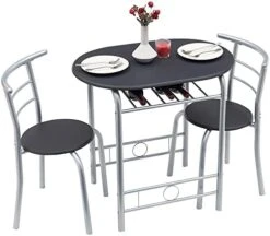 VECELO 3-Piece Bar Table Set, Round Tabletop & Chair For Kitchen Dining Room Breakfast, Built-in Wine Rack, Space Saving[X-Large], 33.46" Length X 23.6" Width, Black And Natural -Songmics Furniture Shop 41GCyRpnVhL. AC