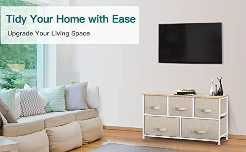 Pipishell 5 Drawer Fabric Dresser Storage Tower, 7 Dresser Chest With Wood Top, Organizer Unit For Closets Bedroom Nursery Room Hallway, Beige 4 Pipishell 5 Drawer Fabric Dresser Storage Tower, 7 Dresser Chest With Wood Top, Organizer Unit For Closets Bedroom Nursery Room Hallway, Beige - Image 4