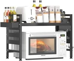 NETEL Extendable Microwave Oven Rack, Adjustable Microwave/Toaster Shelf Heavy Duty Stand Kitchen Counter Top Organizer, 2-Tier With 4 Hooks, 55lbs Weight Capacity,Black -Songmics Furniture Shop 41GSyqtWpaL. AC