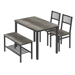 Teraves Dining Table Set For 4/Computer Desk,Kitchen Table With 2 Chairs And A Bench,Table And Chairs Dining Set 4 Piece Set For Dining Room (Black Oak+Black Frame, 110CM)